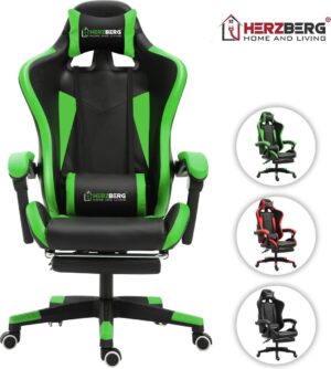 Ergonomische bureaustoel gamingstoel in racestijl met Voetensteun - Verstelbare Hoofdsteun - Lendensteun - Belastbaar tot 150 kg - Zwart/groen