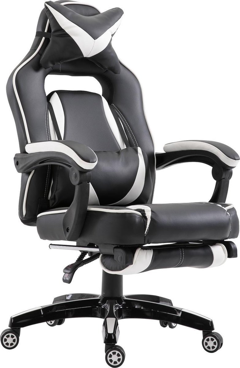 Gamestoel met voetensteun - Bureaustoel ergonomisch - Bureaustoelen voor volwassenen - Zwart - Wit