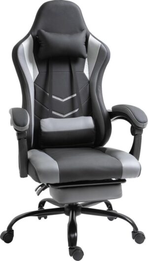 Gamestoel met voetensteun - Racestoel - Bureaustoel ergonomisch - Bureaustoelen voor volwassenen - Kunstleer - Zwart/Grijs