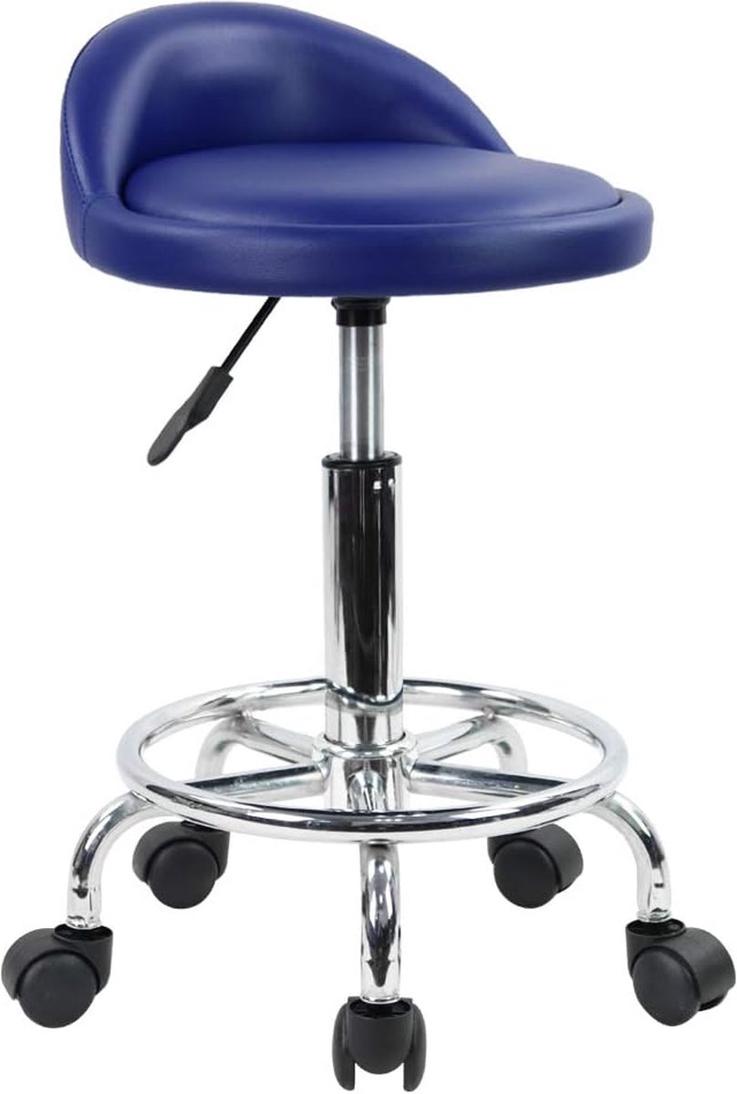 Rolkruk, bureaustoel, draaistoel, in hoogte verstelbaar, draaikruk met lage rugleuning en voetensteun, van PU-leer, blauw