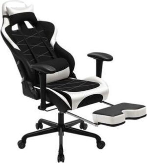 Segenn's Akron Gamingstoel met Voetensteun - 150 kg - Bureaustoel -Bureaustoel - Lendenkussen - Kussen - Hoge Rugleuning - Ergonomisch - Staal - Synthetisch Leer - Ademende Netstof - Zwart en Wit