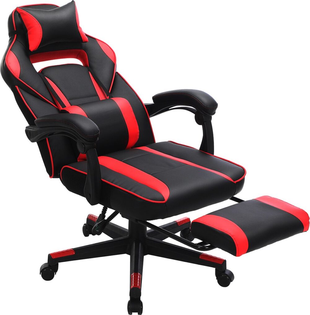 Signature Home Roadies gamestoel met voetensteun - bureaustoel met hoofdsteun en lendenkussen - in hoogte verstelbaar - ergonomisch - 90-135 ° kantelhoek - draagvermogen tot 150 kg - zwart-rood