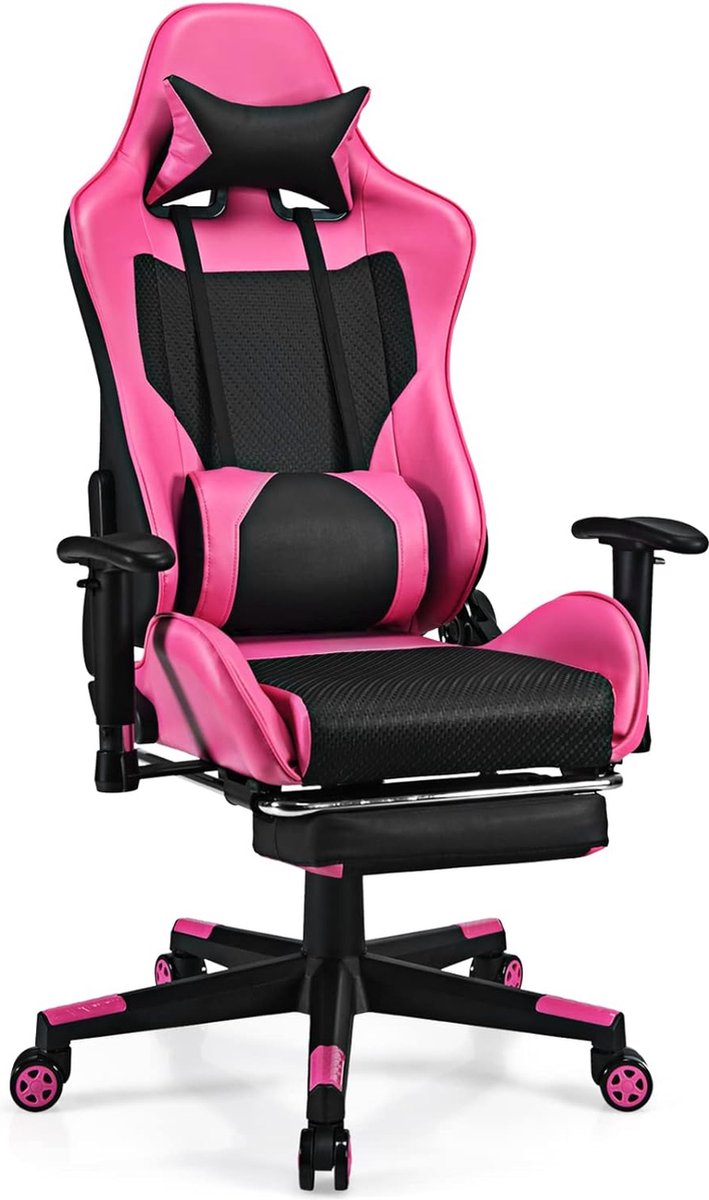 Bureaustoel met intrekbare voetensteun, lendenkussen en hoofdsteun, ergonomische gamingstoel, bureaustoel met verstelbare armleuningen, gevoerde computerstoel, pc-stoel (roze)