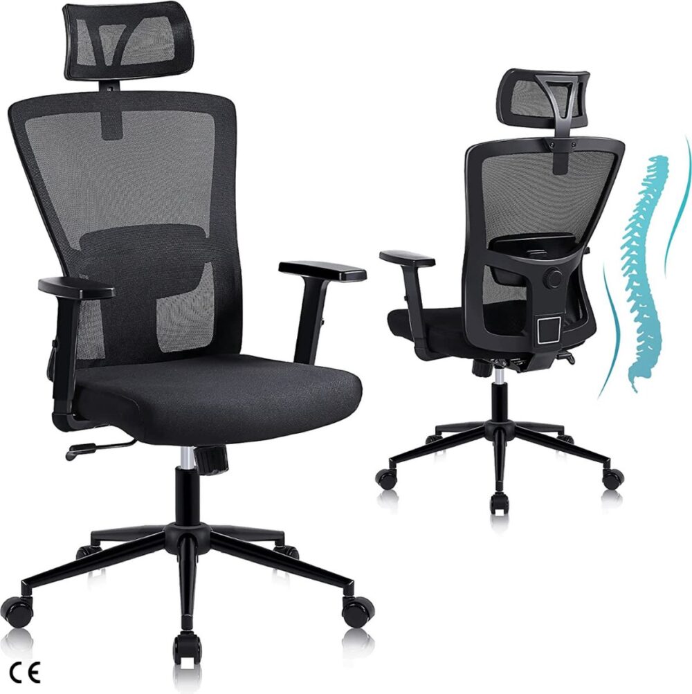 Comfortabele Ergonomische Bureaustoel met Hoofdsteun en Lendensteun - Ideaal voor Thuis en op Kantoor - Kantoorstoel, Vergaderstoel & Gaming stoel - Bureaustoel met Wieltjes - Zwart