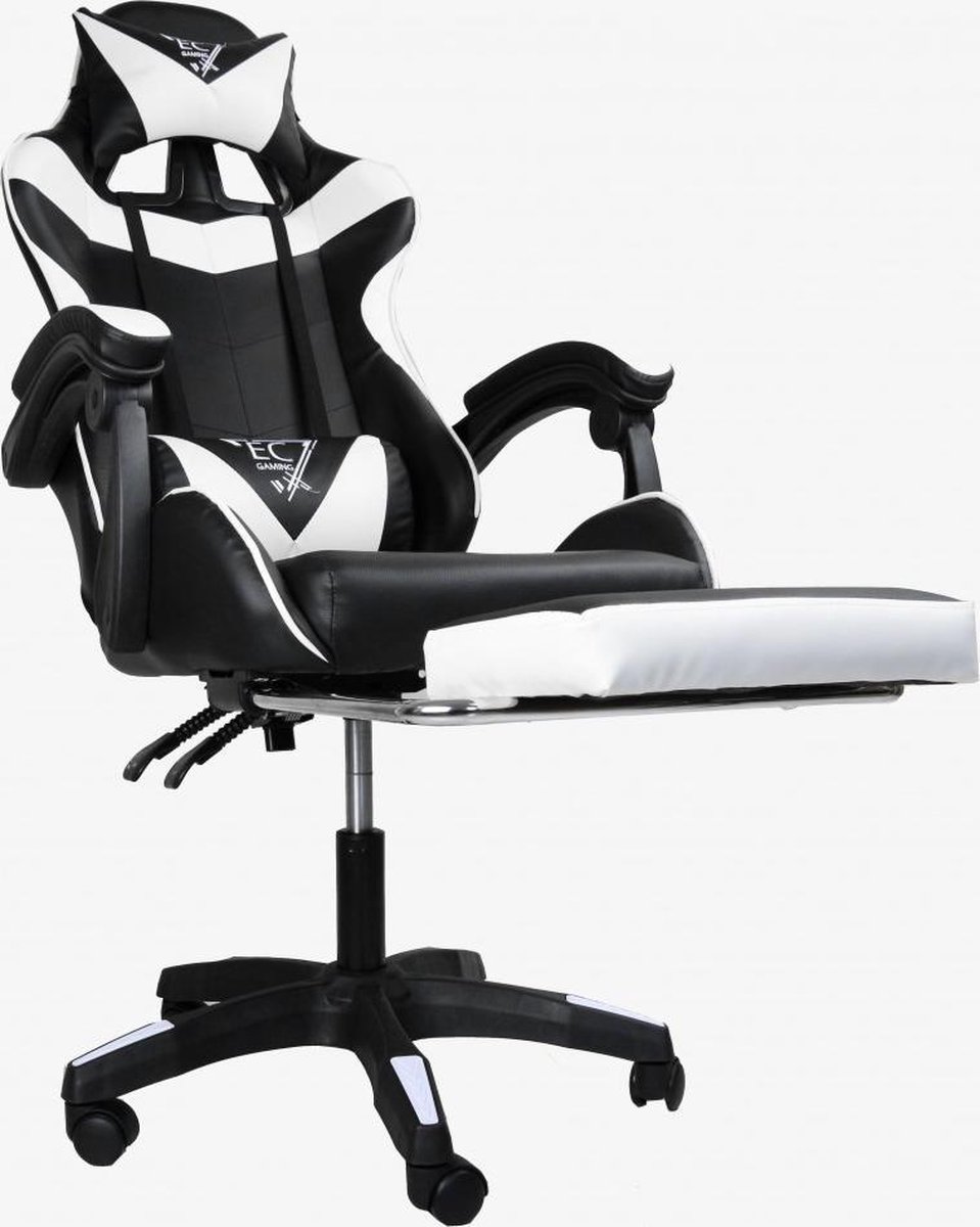 Draaibare gamestoel met EC GAMING KO voetensteun - Game stoel met voetsteun - Premium bureaustoel - Computerstoel - Zwart / Wit