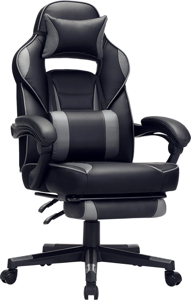 Gamestoel - Gaming stoel - Bureaustoel - Gamestoel met voetensteun - Gamestoel bureaustoel - Gaming chair - Verstelbaar - Grijs - Zwart