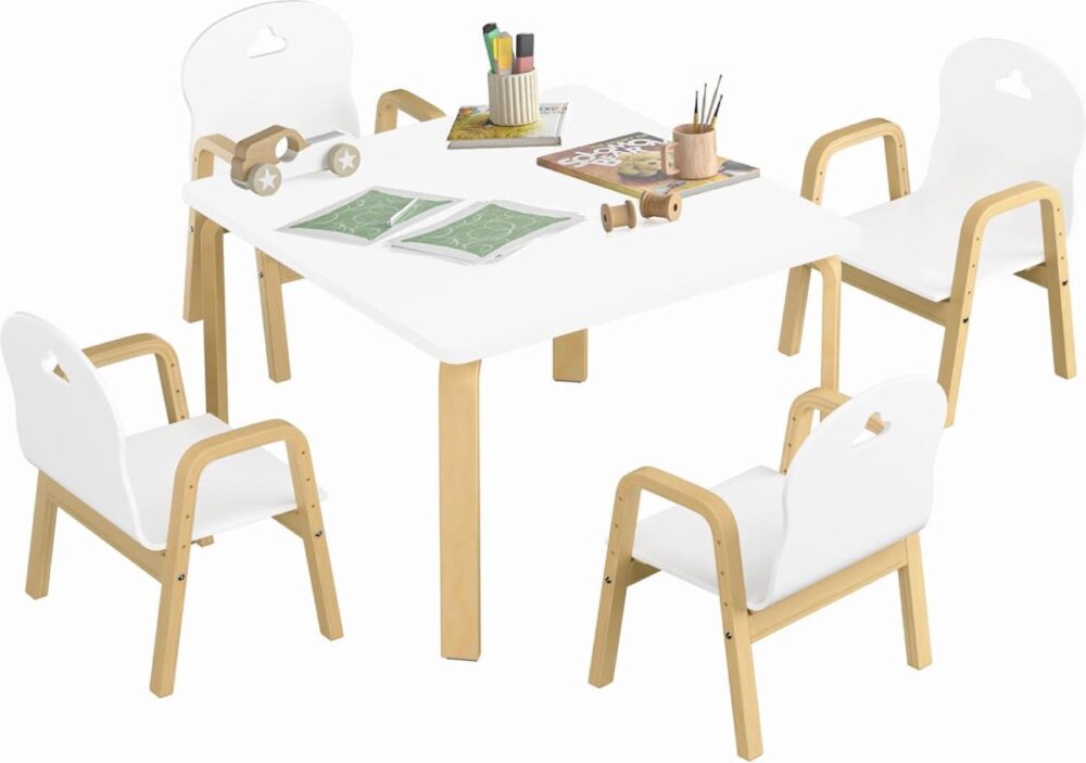 Set van 4 kinderstoelen, stoel met armleuning, houten stoel, bureaustoel voor kinderen, wit zonder tafel
