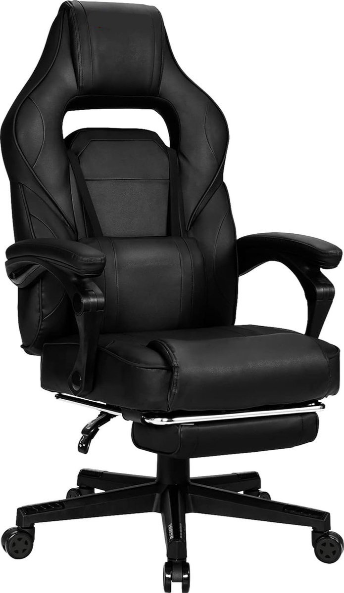 Bureaustoel met intrekbare voetensteun, ergonomische bureaustoel met lendenkussen, gevoerde computerstoel, pc-stoel, gamingstoel voor thuiskantoor, kantoor (zwart)