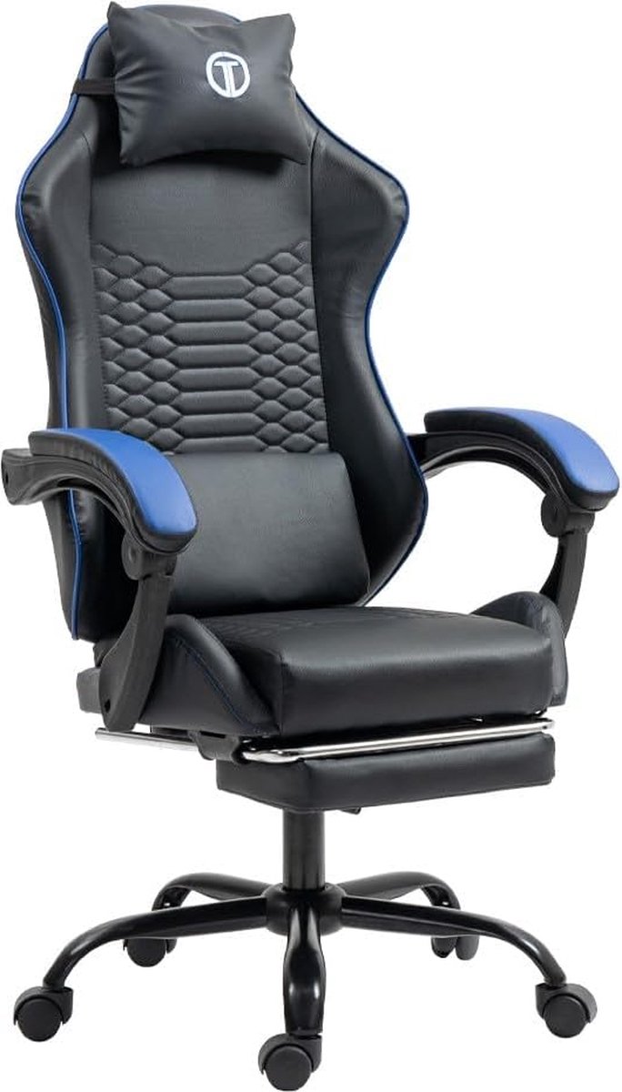 Cobra Gamingstoel, ergonomische bureaustoel met verstelbare hoogte, hoofdsteun, lenden- en traagschuimhoofdkussen, armleuningen en voetensteun, racing-pc-stoel, tot 120 kg belastbaar (blauw)