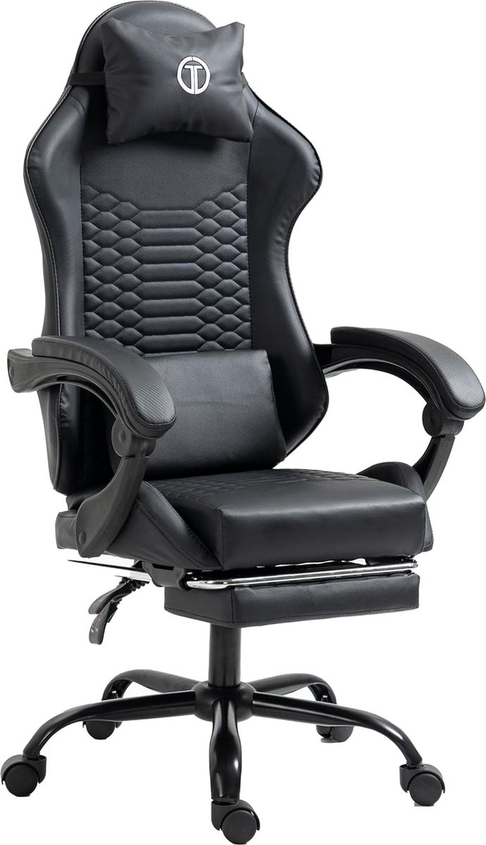 Cobra Gamingstoel, ergonomische bureaustoel met verstelbare hoogte, hoofdsteun, lenden- en traagschuimhoofdkussen, armleuningen en voetensteun, racing-pc-stoel, tot 120 kg belastbaar (zwart)