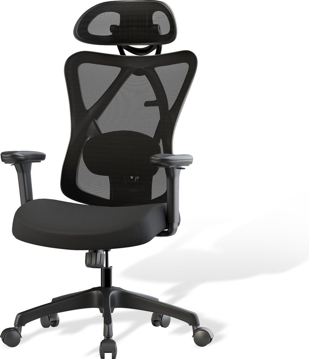 Ergonomische Bureaustoel - Computer Office Chair met Comfortabel dik Kussen en in Hoogte verstelbare Armleuningen - Draaistoel met Neksteun - Geschikt voor Volwassenen tot 150kg Belasting - Zwart