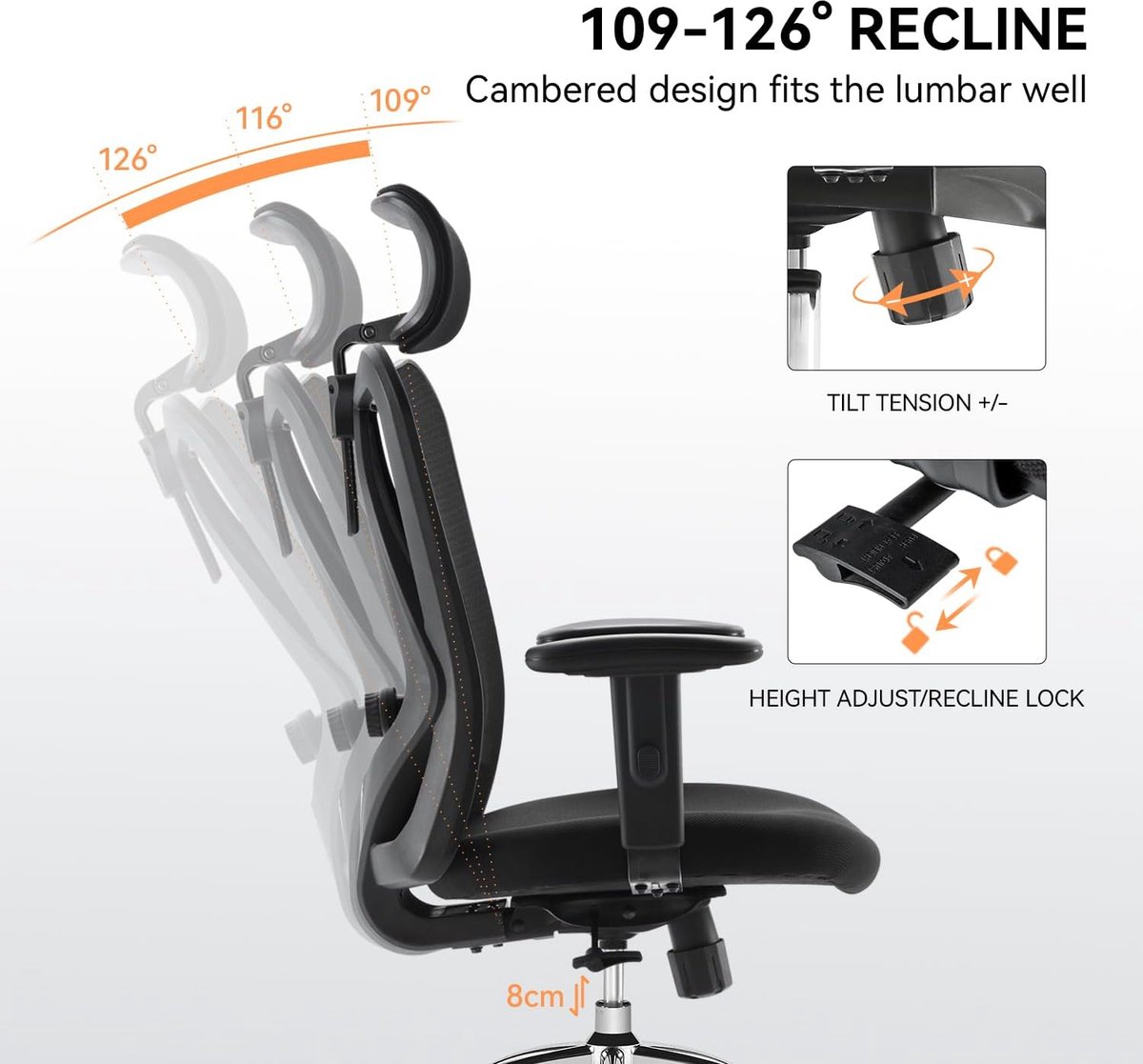 ergonomische bureaustoel met voetensteun, computer bureaustoel, verstelbare hoofdsteunen, rugleuning en armleuning mesh stoel (zwart)