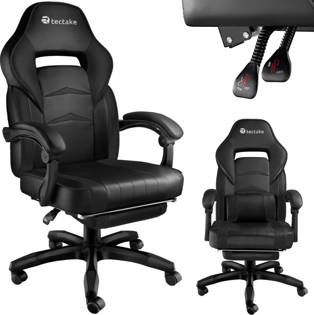 tectake - bureaustoel gamestoel burostoel racingstoel Comodo - Met voetensteun - zwart / zwart - 404740
