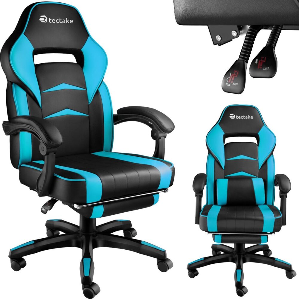 tectake - bureaustoel gamestoel racingstoel burostoel - Comodo - zwart/azuurblauw - met voetensteun - 404741