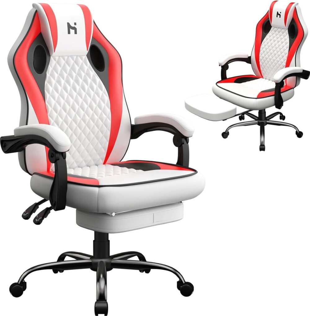 HLFURNIEU Gamingstoel, ergonomische gamingstoel, bureaustoel met lendenkussen en hoofdsteun, gamingstoel, in hoogte verstelbaar, gamerstoel, wit en rood met voetensteun
