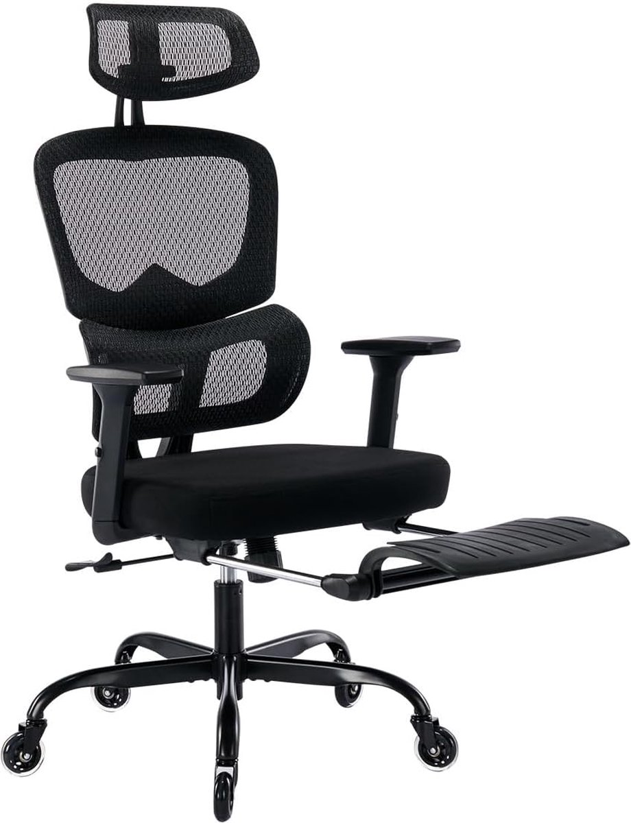 Bureaustoel met voetensteun, bureaustoel, ergonomische stoel met lendensteun, 3D-armleuning, rubberen wielen, gamingstoel, mesh-computerstoel voor volwassenen, ligstoel thuis (zwart)