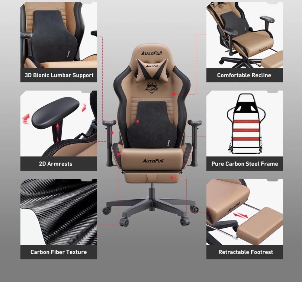 C3 gaming stoel, draaibaar, van PU-leer, bureaustoel, hoogte en helling, verstelbaar, met hoofdsteun en lendensteun, voetensteun, bruin