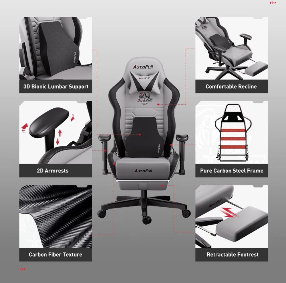 C3 gaming stoel voor kantoor, draaibaar, van PU-leer, bureaustoel, hoogte en helling, verstelbaar, met hoofdsteun en lendensteun, voetensteun, grijs
