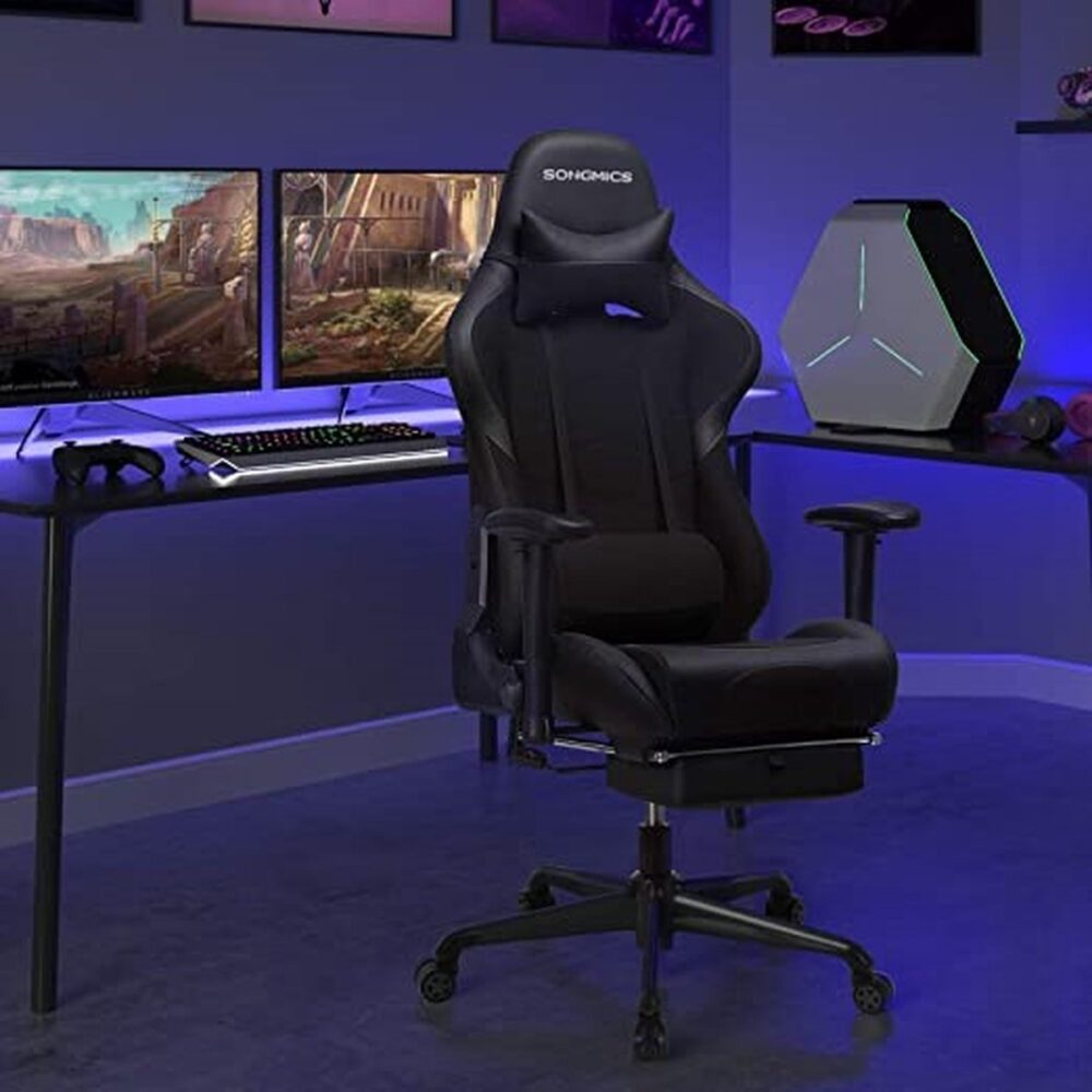 Gamingstoel - bureaustoel - met voetensteun - lendenkussen en hoofdkussen - ergonomische rugleuning - zwart