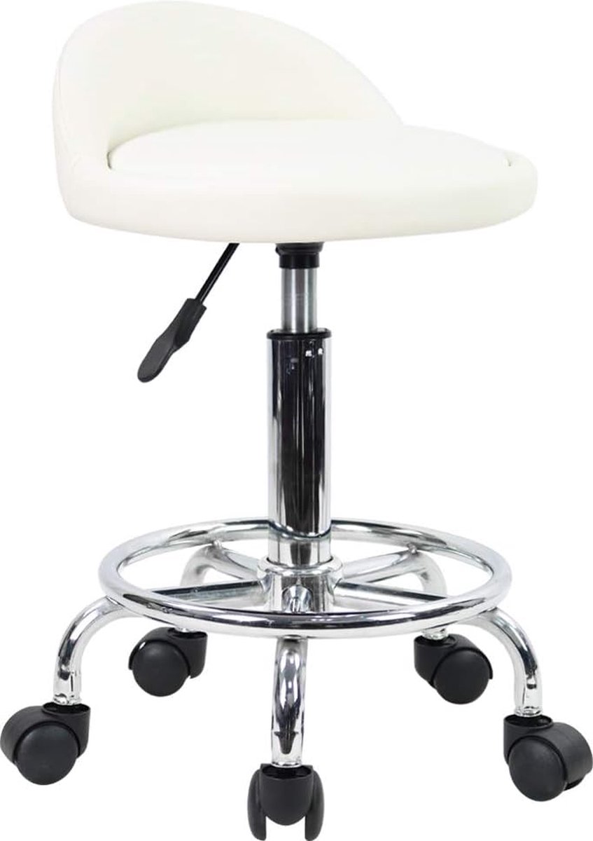 Rol kruk Bureaustoel Schommelstoel, Hoogte verstelbaar, Draaibare kruk met lage rugleuning en voetensteun, gemaakt van PU-leer Wit
