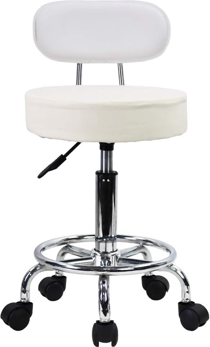 Rol kruk Schommelstoel Bureaustoel, Hoogte verstelbaar, Draaibare kruk met lage rugleuning en voetensteun, gemaakt van PU-leer Wit