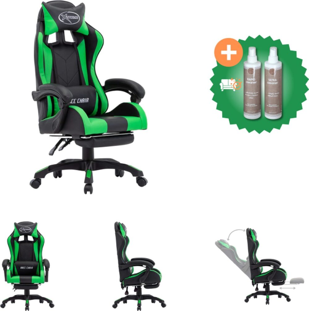 vidaXL Racestoel met voetensteun kunstleer groen en zwart - Bureaustoel - Inclusief Onderhoudsset