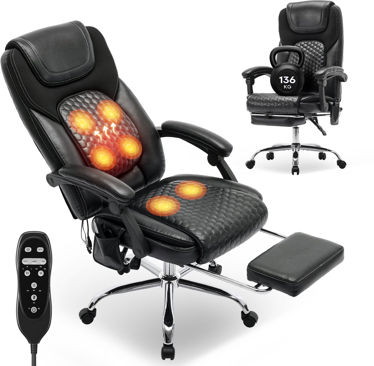 COLAMY Massagestoel Bureaustoel met Verwarming en voetsteun in zwart COLAMY Massagestoel Bureaustoel met Verwarming en voetsteun in zwart