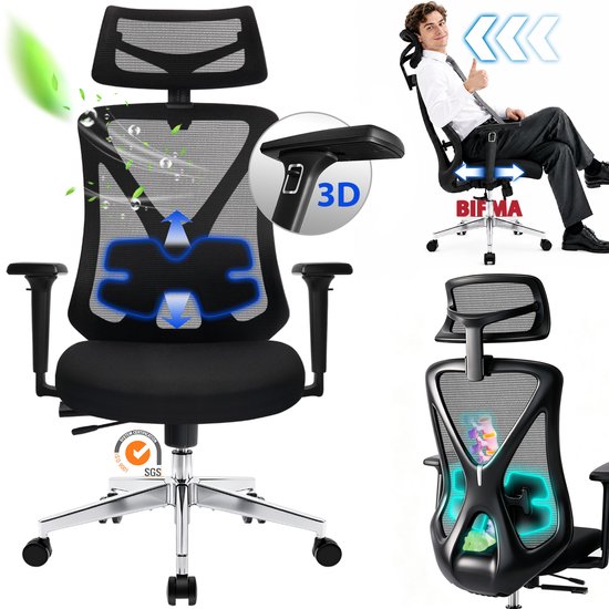 Durrafy ergonomische bureaustoel met mesh rugleuning, hoofdsteun en 3D-armleuningen Durrafy ergonomische bureaustoel met mesh rugleuning, hoofdsteun en 3D-armleuningen